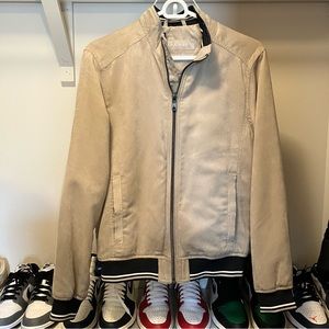 Zara Man Bomber Cream Beige Faux Suede Varsity Jacket Size Small